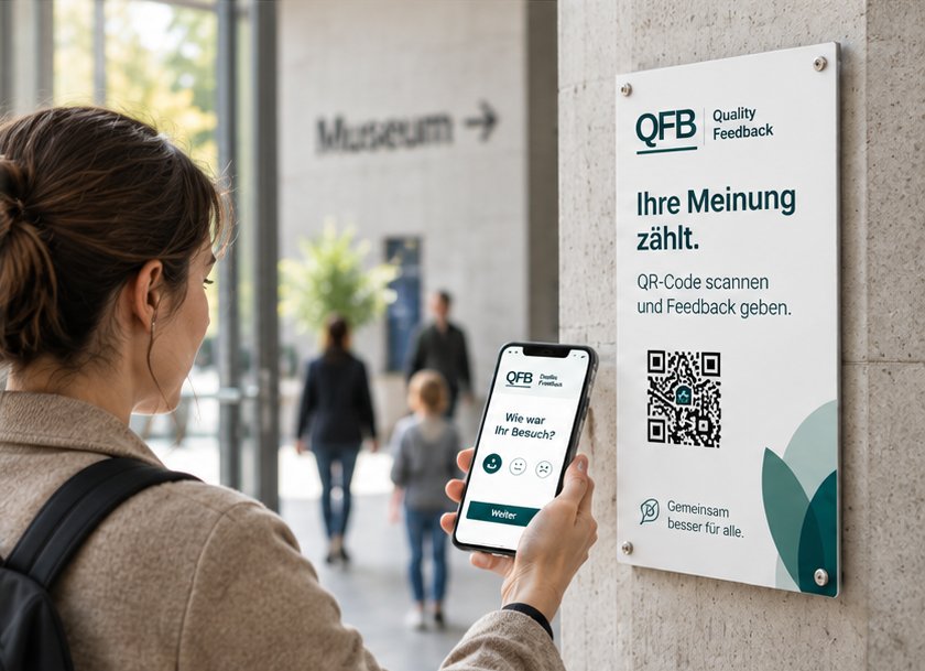 Besucherin mit Smartphone vor einem Feedbackschild im Museum.