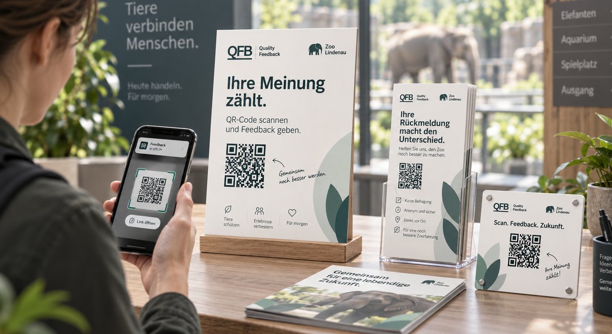 Beispielhafte QR-Schilder, Flyer und Aufsteller für einen Zoo.