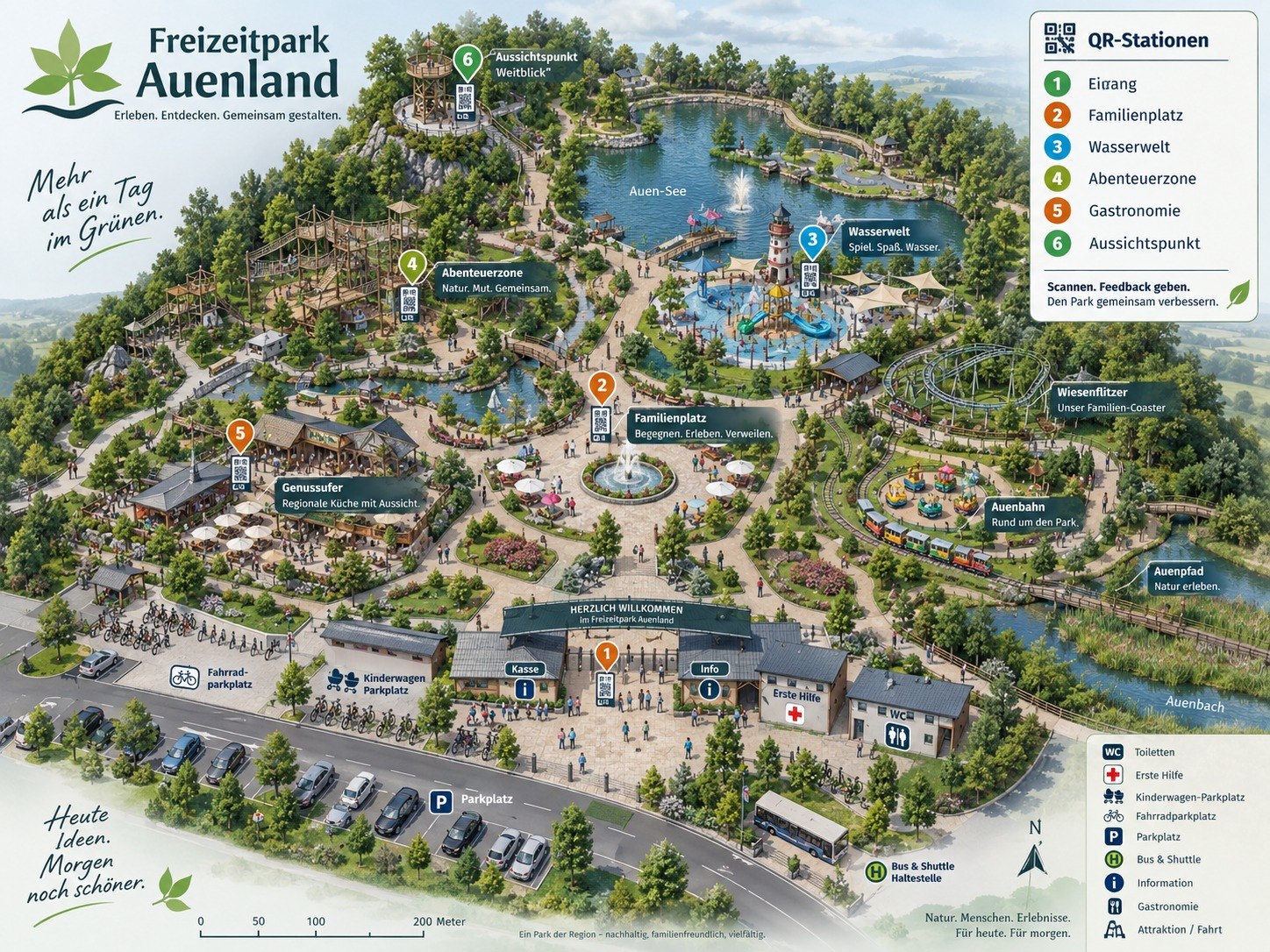 Beispielhafter Lageplan: Freizeitpark mit Eingang, Attraktionen, Gastronomie und dargestellten QR-Stationen.