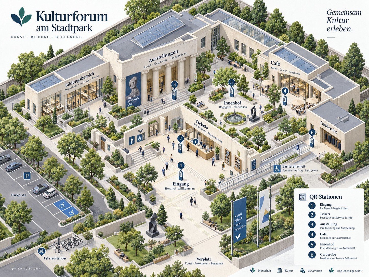 Beispielhafter Lageplan: Museum mit Eingang, Ausstellungen, Innenhof und dargestellten QR-Stationen.
