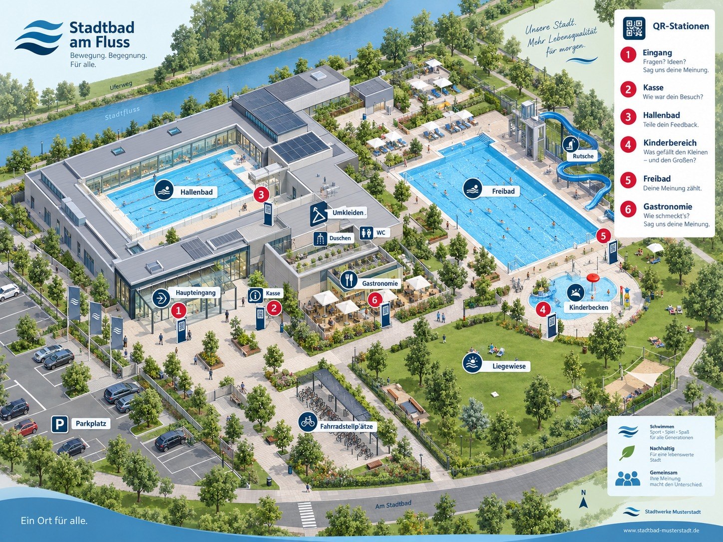 Beispielhafter Lageplan: Schwimmbad mit Hallenbad, Freibad, Parkplatz und dargestellten QR-Stationen.