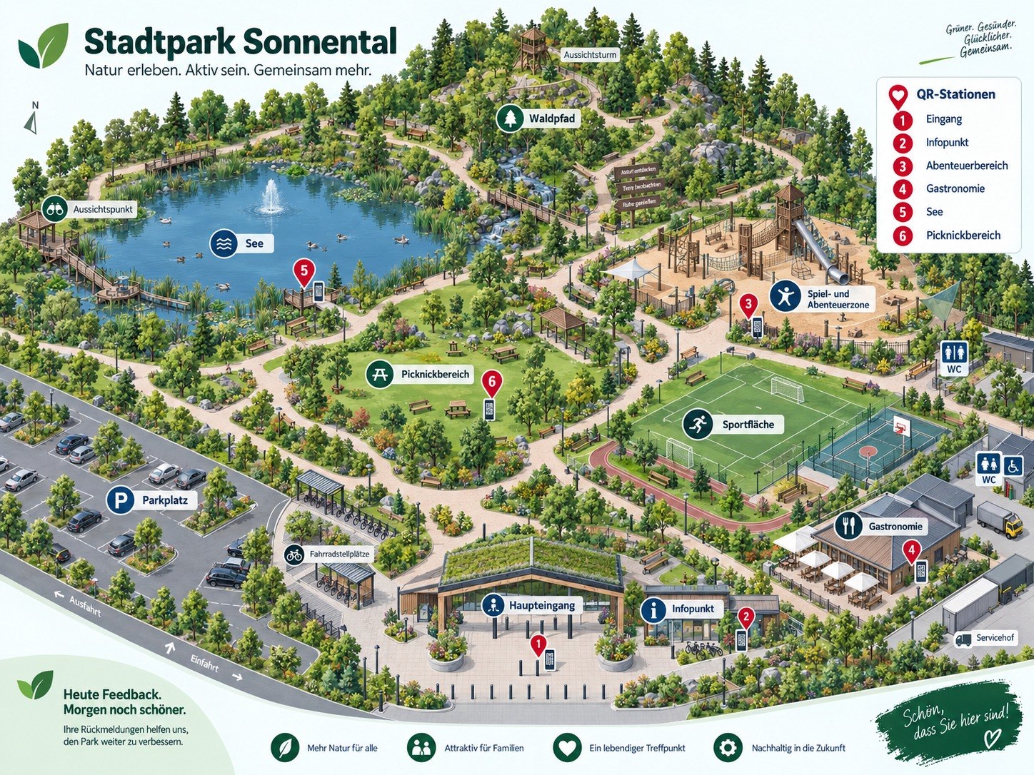 Beispielhafter Lageplan: Stadtpark mit Wegen, Spielbereichen, See und dargestellten QR-Stationen.