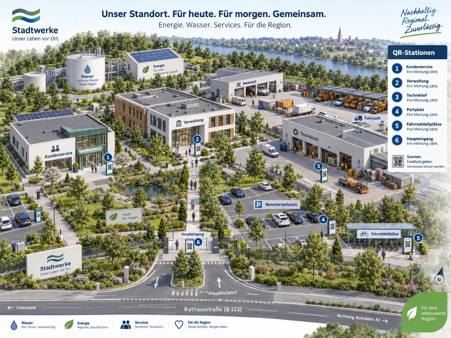 Beispielhafter Lageplan: Stadtwerke-Areal mit Kundenservice, Verwaltung, Besucherparkplatz und dargestellten QR-Stationen.