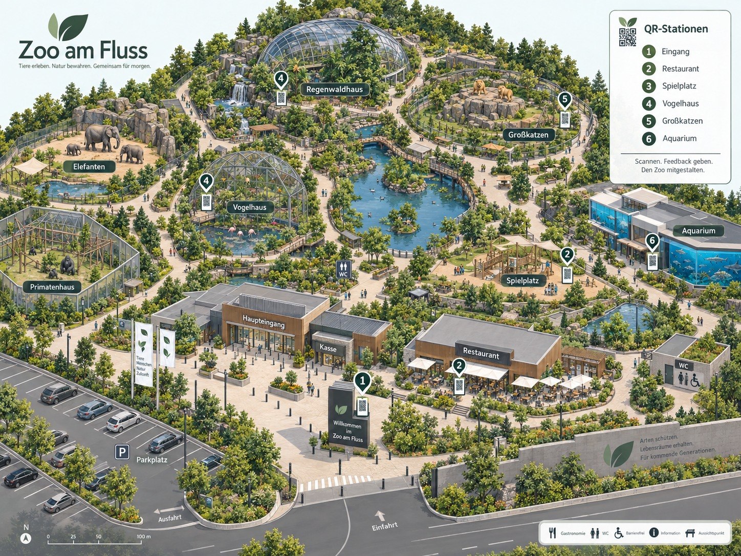 Beispielhafter Lageplan: Zoo mit Gehegen, Besucherwegen, Parkplatz und dargestellten QR-Stationen.